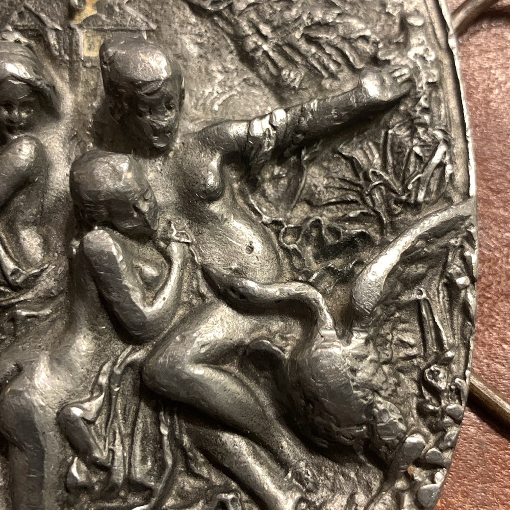 HUGE BOLD EDWARDIAN CAST METAL BELT BUCKLE LEDA AND THE SWAN MYTHOLOGICAL
